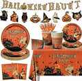 Vintage Halloween tableware set with banner, tablecloth, plates, cups and cutlery