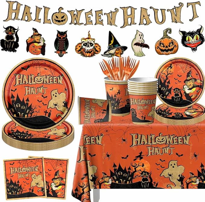 Vintage Halloween tableware set with banner, tablecloth, plates, cups and cutlery