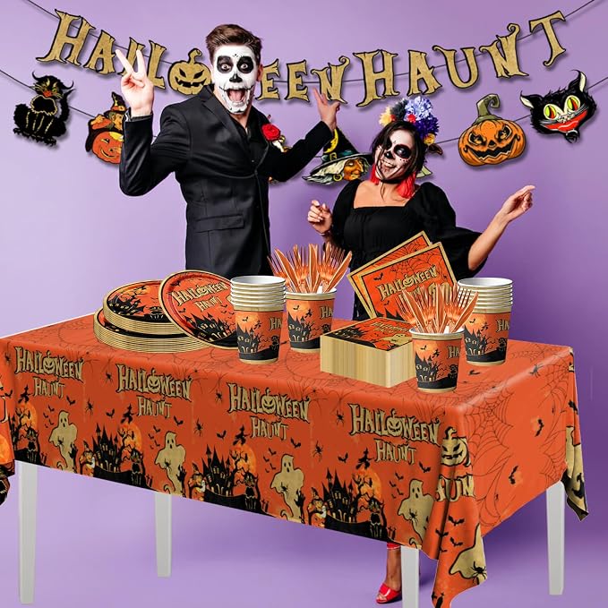 Retro ghost and pumpkin Halloween paper plates and napkins