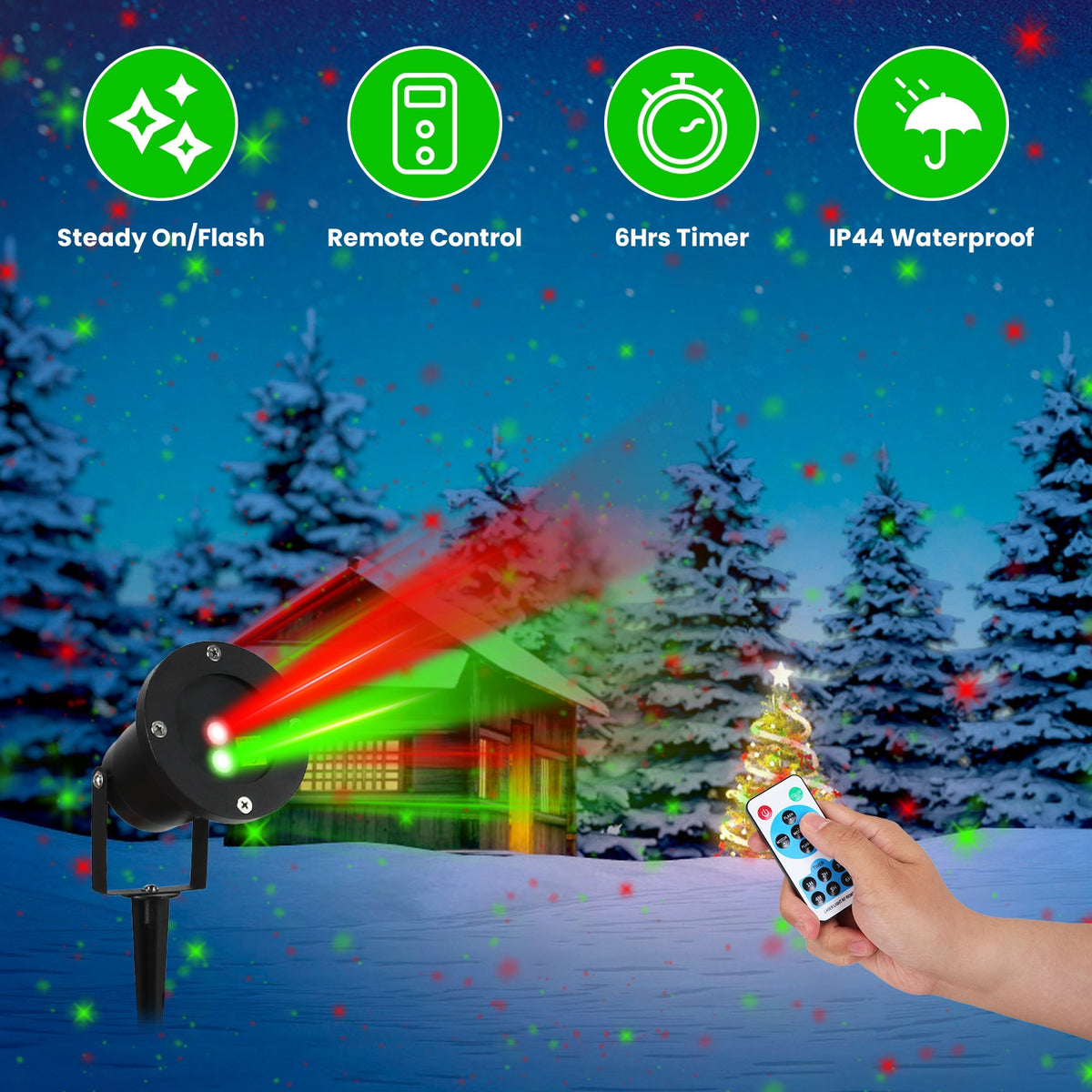 Outdoor laser projector light with red and green firefly effect