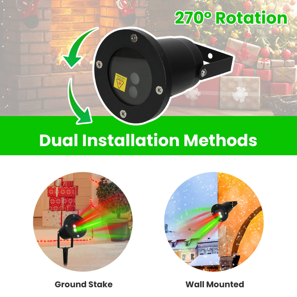 Halloween laser light projecting green points across a wall