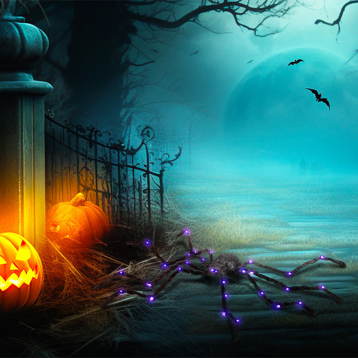 4 ft light-up Halloween spider with purple glowing legs on a path