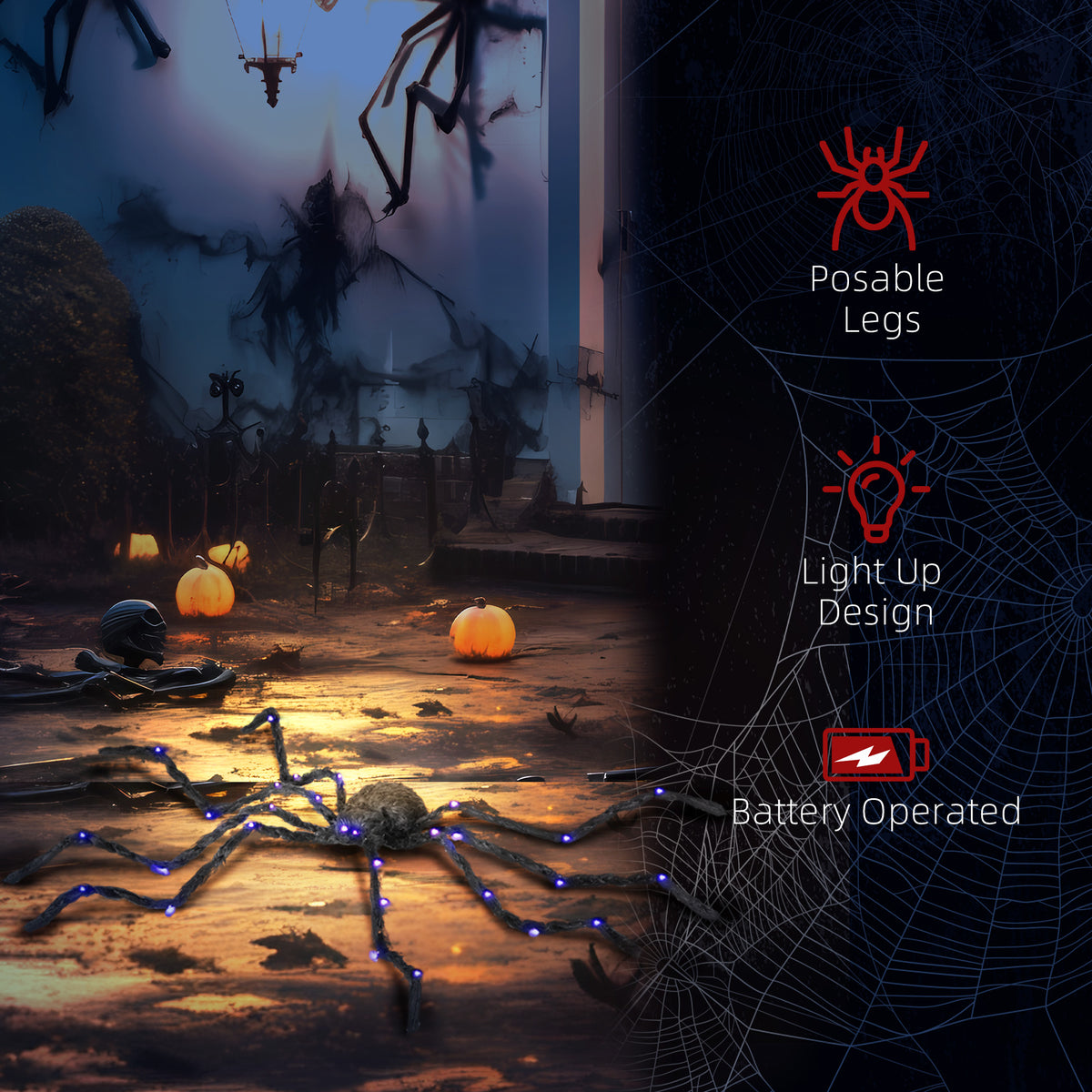 Oversized outdoor Halloween spider showing 47 inch leg span