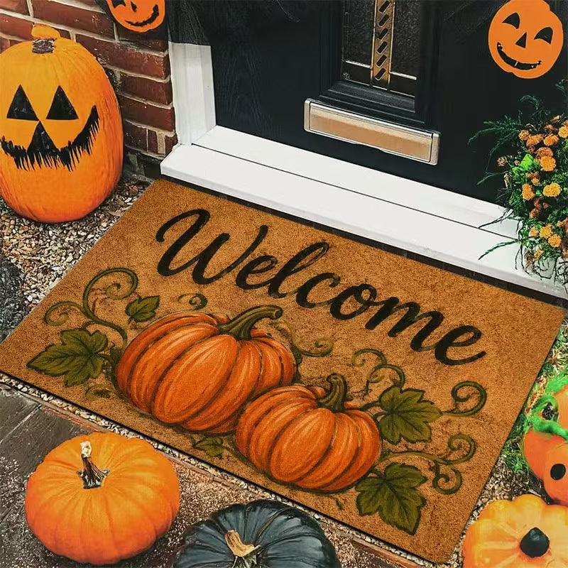 Halloween welcome mat styled on a decorated porch