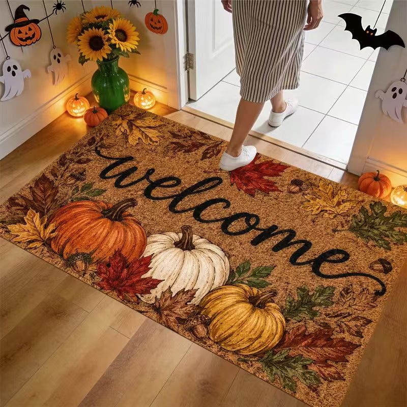 Halloween doormat in crystal velvet on a front porch
