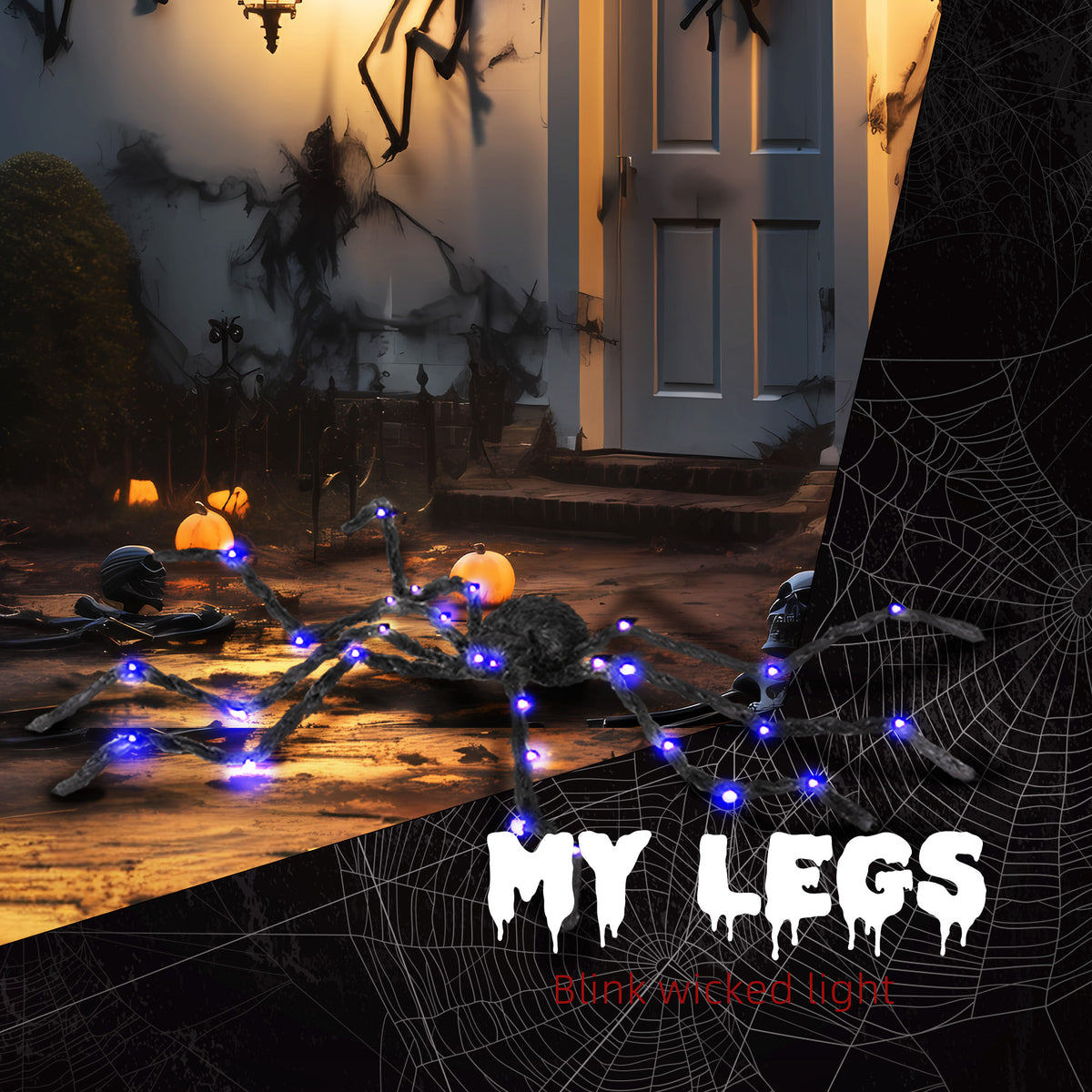 Giant Halloween spider prop with bendable legs wrapped around a railing