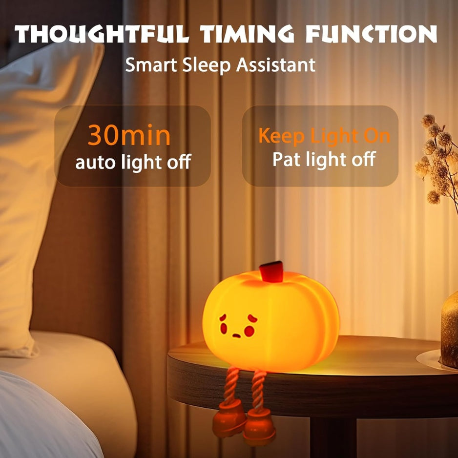 Halloween pumpkin night light used as bedroom decor